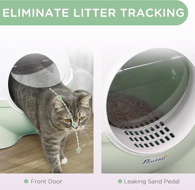 PawHut Hooded Cat Litter Box, Large Kitty Litter Pan with Lid, Scoop, Leaking Sand Pedal, Top Handle, Light Green