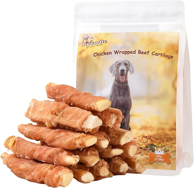 Dog Treats Chicken Wrapped Beef Cartilage w/Calcium Supplement, Long-Lasting Rawhide Free Grain Free Training Treats Snacks for Small Medium Large Dogs, 12 Counts, 10.6 oz