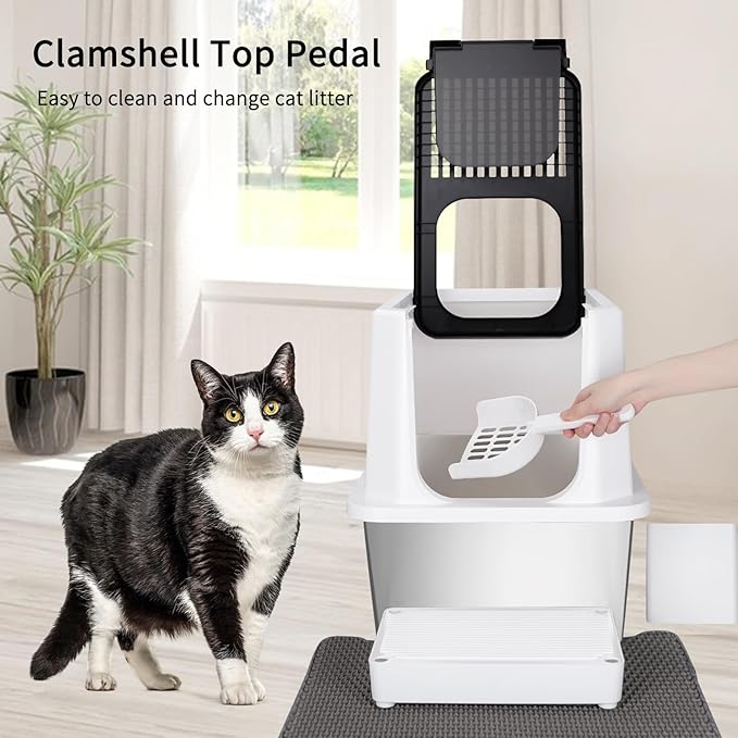 RIZZARI Stainless Steel Cat Litter Box, Odorless Enclosed Litter Box with Top Holes, Large Litter Pan for Small to Large Sized Cats (Black, 24" L*16" W*18" H)