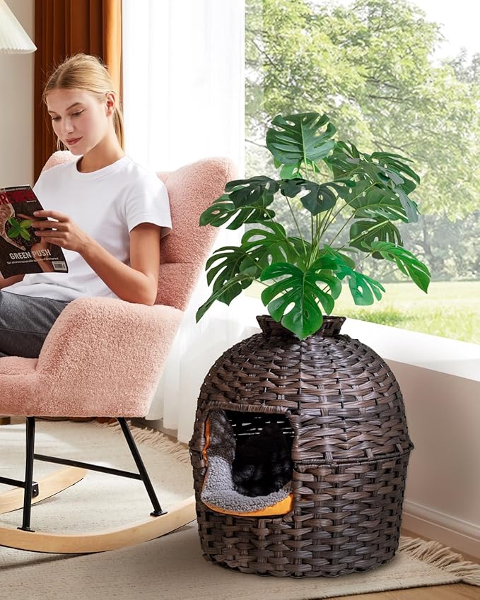 Cat Litter Box Plant Furniture Enclosure, Hidden Handwoven Rattan with Cat Litter Box and Artificial Plants, Odor Control Filter, Real Stones in Living Room, Bedroom, Corner (Brown)