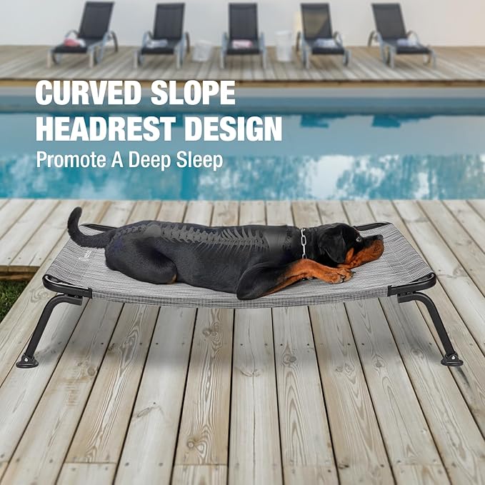 Veehoo Outdoor Elevated Dog Bed, Cooling Raised Dog Cots Beds for Large Dogs, Portable Waterproof Curved Dogs Hammock Bed for Outside, up to 120lbs, Black Legs, Black Silver 42"