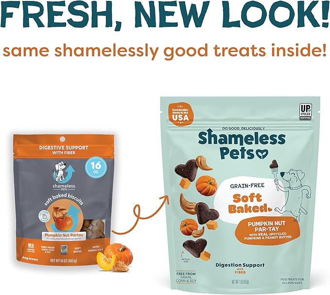 Shameless Pets Soft-Baked Dog Treats, Pumpkin Nut Partay - Natural & Healthy Chews for Digestive Support with Fiber - Doggy Biscuits Baked & Made in USA, Free from Grain, Corn & Soy - 1 Pound 1Pack