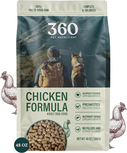 360 Pet Nutrition Freeze-Dried Raw Dog Food, High Protein, Balanced Meal, Chicken, Liver, Heart, Fruit, Veggies, Superfoods, No Fillers, 48 oz Food/Bites/Kibble (Chicken) Made in USA