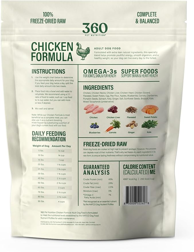 360 Pet Nutrition Freeze-Dried Raw Dog Food, High Protein, Balanced Meal, Chicken, Liver, Heart, Fruit, Veggies, Superfoods, No Fillers, 16 oz Food/Bites/Kibble (Chicken) Made in USA