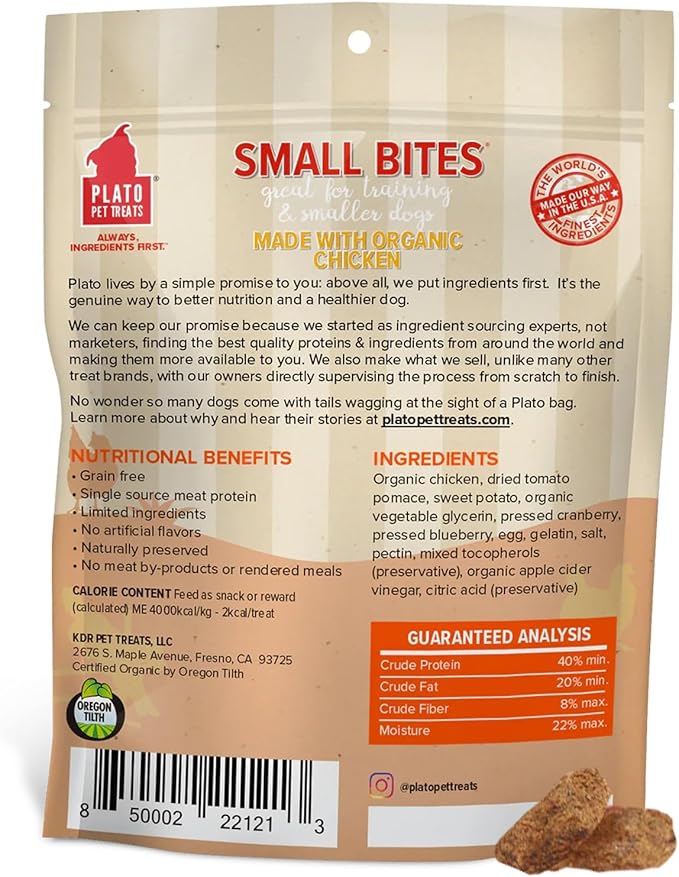 PLATO Small Bites Dog Treats, Natural Bite Sized Real Meat & Chicken Flavor, Grain Free & High in Protein, Air Dried Authentic Ingredients, 2 Calories Per Treat, Made in the USA, 2.5 Ounces