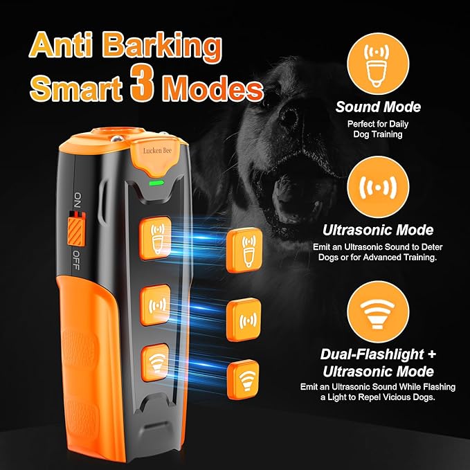 Dog Bark Deterrent Devices, Anti Barking Device for Dogs, 3 Modes Ultrasonic Dog Training Control 16.4 FT Range Effective & Safe Pet Corrector Behavior Portable Indoor Outdoor Uses