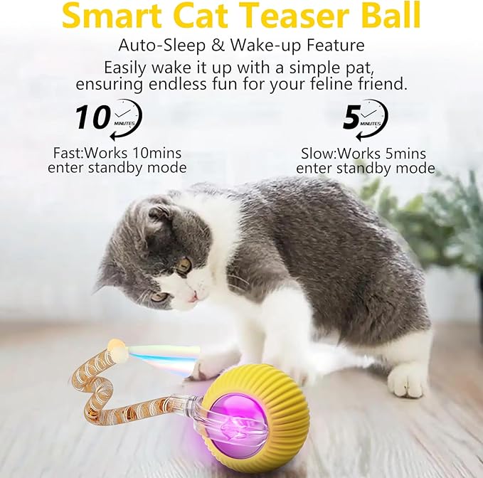 Interactive Cat Toys for Indoor Cats, Interactive Cat Ball Toy with Elastic Mesh Tail, Automatic Cat/Kitten Toys with Chirping & Motion Activate, Cat Toys for Bored Indoor (Yellow)