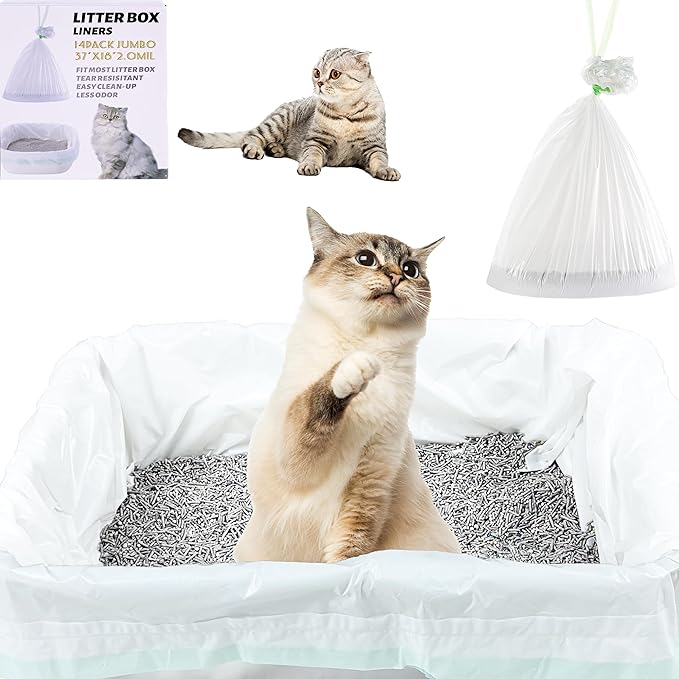 Suhaco Cat Litter Box Liners, Litter Pan Disposable Bags 2 Mil Thickened Cat Litter Liners with Drawstring 28 Pack Litter Bags for Easy Cleaning (L (Pack of 28))