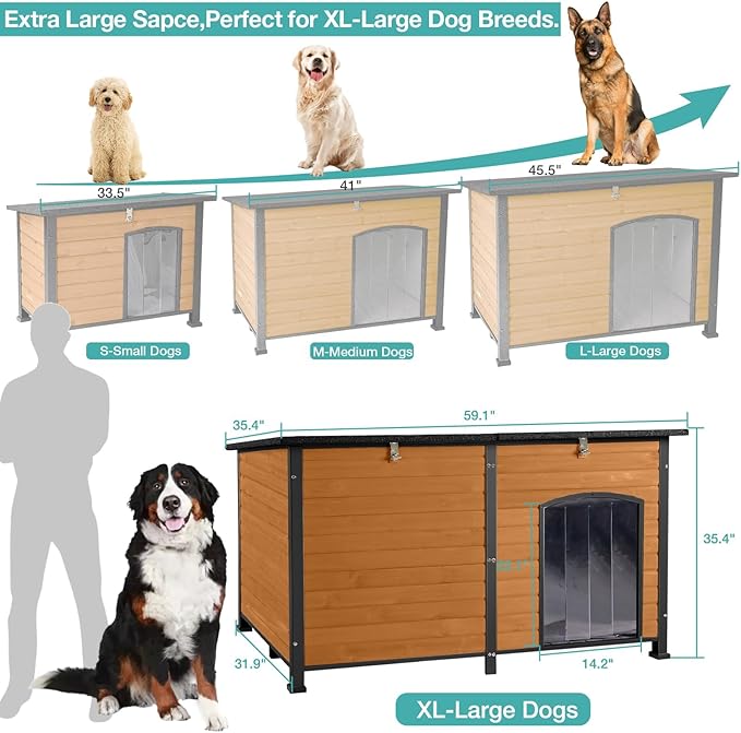59" Extra Large Outdoor Dog House with Insulated Liner,Dog Kennel with All-Around Iron Frame,Weatherproof Dog Shelter for Small to Large Sizes Dog Kennel (Brown, L)