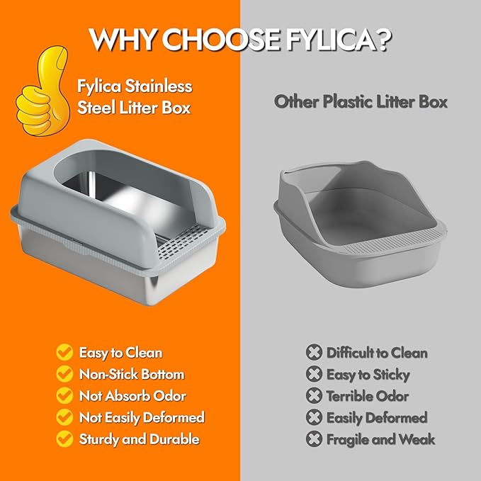 Stainless Steel Cat Litter Box with Lid, 24" L x 16" W x 11.8" H, Large Cat Litter Box for Multiple Cats with High Sided, No-Leak & Stick, Easy to Clean, Includes Litter Mat & Multi Functional Scoop