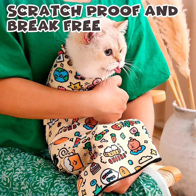 Cat Grooming Wrap, Self-Adherent Soft Cat Blanket to Wrap, Nail Clipping, Anti-Bite, Anti-Scratch, Anti-Escape Calming Wrap (Cute Prints, 0-3 lbs)