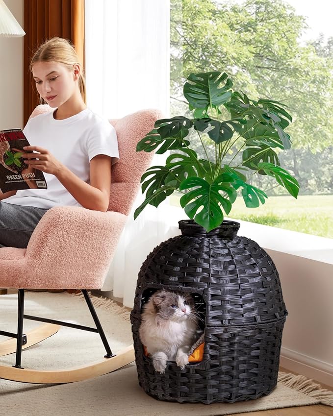 Cat Litter Box Plant Furniture Enclosure, Hidden Handwoven Rattan with Cat Litter Box and Artificial Plants, Odor Control Filter, Real Stones in Living Room, Bedroom, Corner (Black)