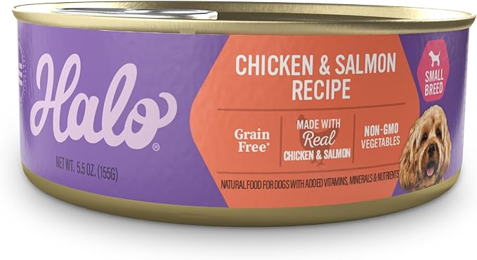 Halo Small Breed Wet Dog Food, Chicken & Salmon Recipe, Grain Free Real Meat Canned Dog Food, Meal or Topper, 5.5 Oz Can (Pack of 12)