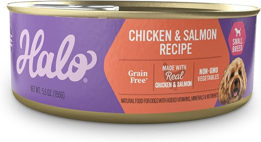 Halo Small Breed Wet Dog Food, Chicken & Salmon Recipe, Grain Free Real Meat Canned Dog Food, Meal or Topper, 5.5 Oz Can (Pack of 12)