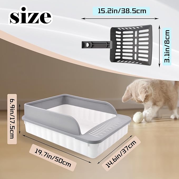 Open Cat Litter Box with High Side Anti-Splashing Cat Toilet with Litter Sifting Scoop Semi-Enclosed Kitten Litter Tray Pan Removable Prevent Sand Leakage Deodorizing Easy to Clean(Grey)