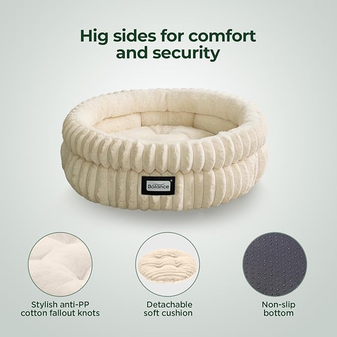 BALANCE Cat Bed Kitten Bed, Washable Round Cat Beds for Indoor Cats,Super Soft Plush Faux Fur Pet Bed for Puppy and Kitten with Anti-Slip Bottom