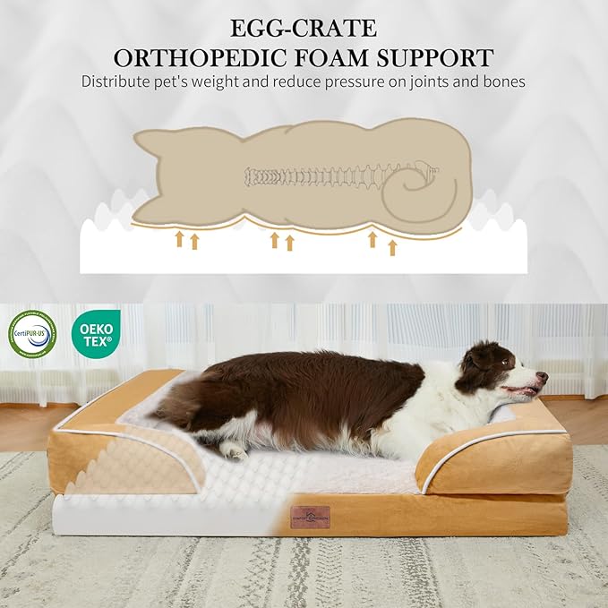 Comfort Expression Extra Large Dog Beds, XL Dog Beds Waterproof, Orthopedic Washable Dogs Beds with Bolster, Pet Sofa Couch with Removable Cover & Non-Slip Bottom(X-Large,Khaki)