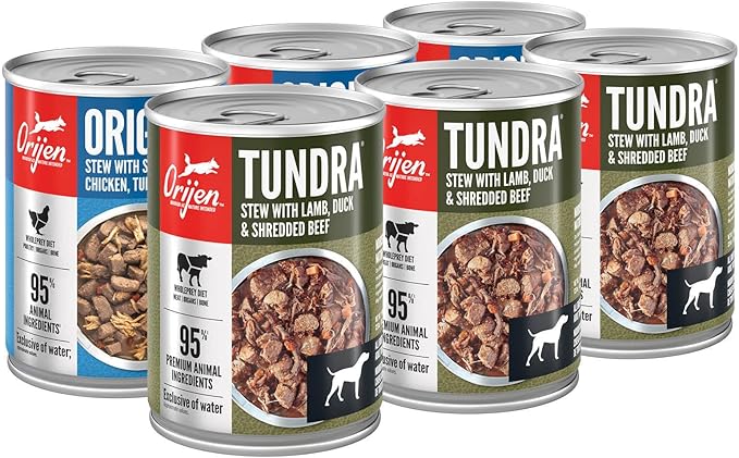 ORIJEN Real Meat Shreds Wet Dog Food Variety Pack: Tundra + Original Recipes 12.8oz Cans (6 Count, 3 of Each)