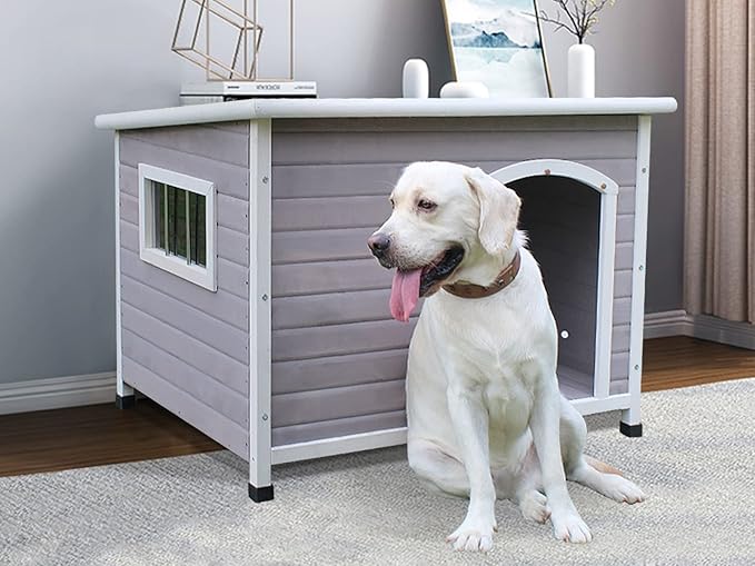 33.4" Dog Houses Outdoor Indoor, Weatherproof Dog Houses Outside with Window & Door Flap Cut Wooden Dog House, Clean & Assemble Easily-Gray
