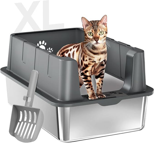 Sousia Enclosed Stainless Steel Cat Litter Box with Lid Extra Large Litter Tray for Big Cats XL Metal Litter Pan with High Wall Sides Enclosure, Non-Sticky Anti-Leakage Easy Cleaning Include Scoop