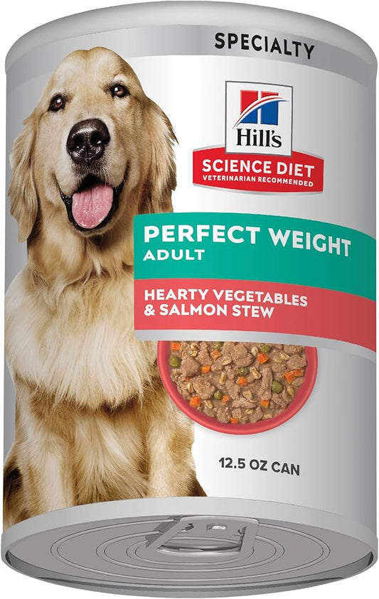Hill's Science Diet Perfect Weight, Adult 1-6, Weight Management Support, Wet Dog Food, Salmon & Vegetables Stew, 12.5 oz Can, Case of 12
