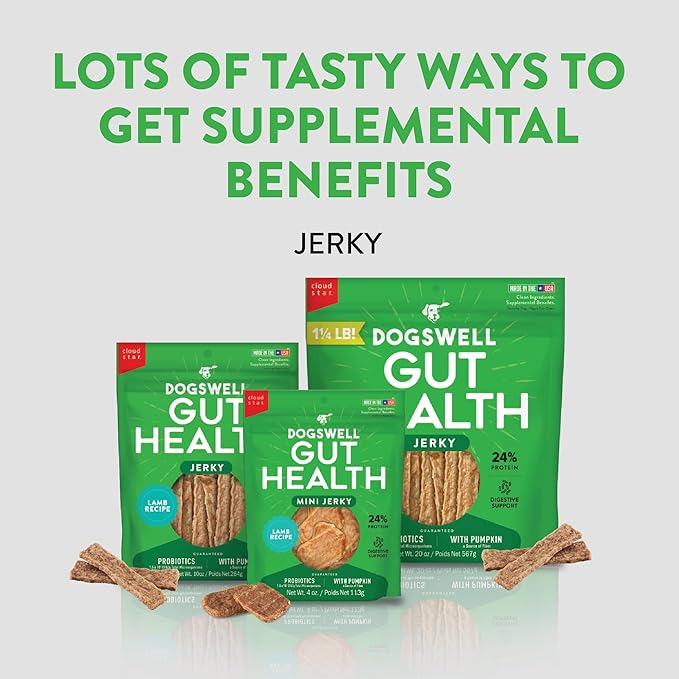 DOGSWELL Gut Health Mini Jerky Functional Dog Treats, Lamb 4 oz. Bag