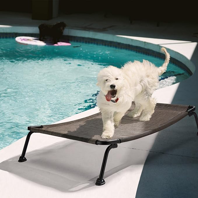 Veehoo Outdoor Elevated Dog Bed, Cooling Raised Dog Cots Beds for Medium Dogs, Portable Waterproof Curved Dogs Hammock Bed for Outside, up to 100lbs, Black Legs, Brown 32"