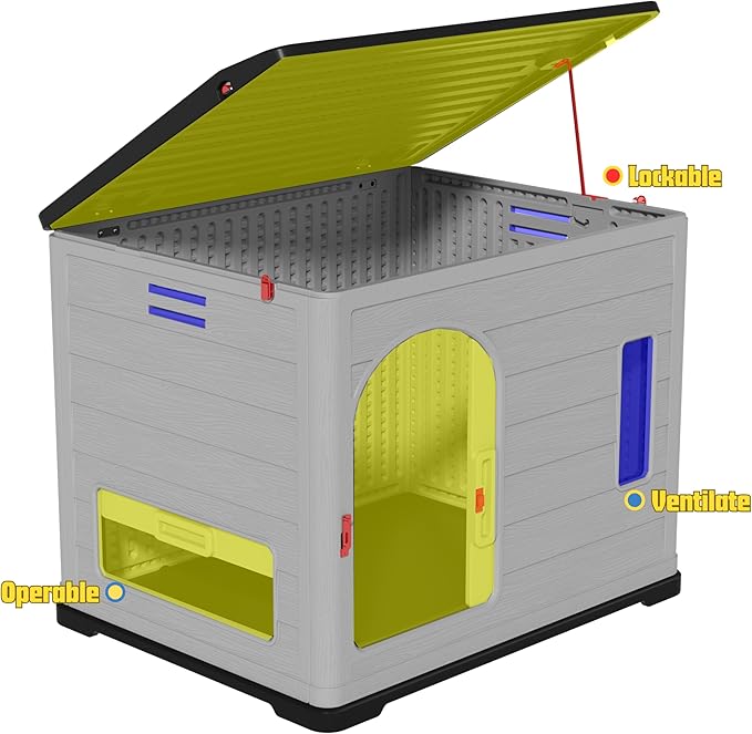XLarge Durable Plastic Dog House for Big Dogs - Indoor Outdoor Double-Layer Insulated Doghouse with Open-Top Cover, Lockable SlidingDoor, Elevated Floor (46''L*38''W*39''H)
