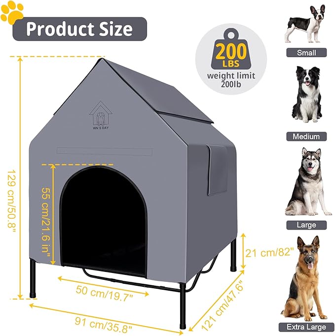 48'' Outdoor Dog Houses for Large Dogs Outside, Weatherproof Large Dogs House with Textilene Elevated Dog Bed, Breathable Dog Tent, Dog House Outdoor X-Large Breed with Windows and Sunshades