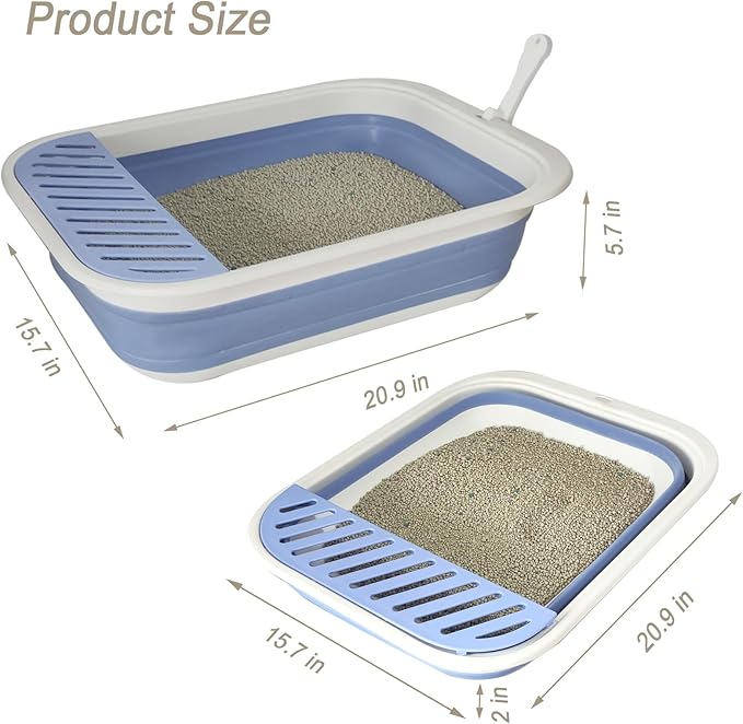 Senior Cat Litter Boxes, Collapsible Open Low Entry Cat Litter Pan with Scoop Travel Kitty Potty Pan Foldable Pet Toilet for Sick Disabled Older Elderly Cats 20.9x15.7x5.7 inch