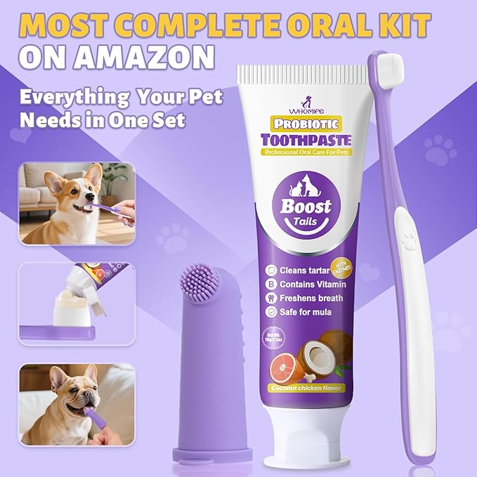 Vet Recommended Small Dog Teeth Brushing Kit - Soft Brush and Finger Brush removes 99% of Plaque, Natural Coconut Chicken-Flavored Toothpaste 2.5 oz. for Fresh Breath