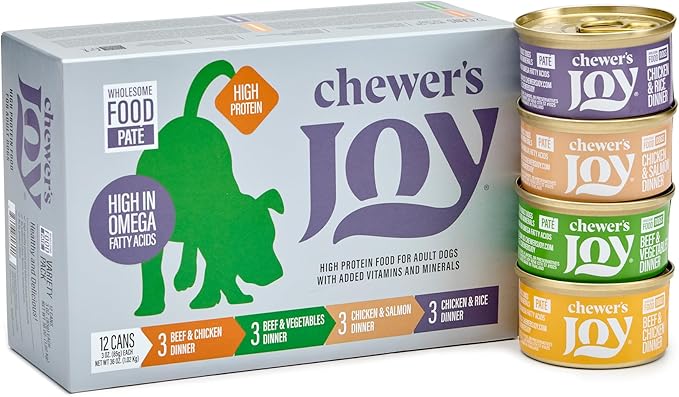 Chewer's Joy Wet Dog Food Variety Pack – 4 Flavors: Beef & Chicken, Chicken & Salmon, Chicken & Rice or Beef & Vegetables – Natural Pâté – High Protein – Complete Nutrition (3oz) – Pack of 12