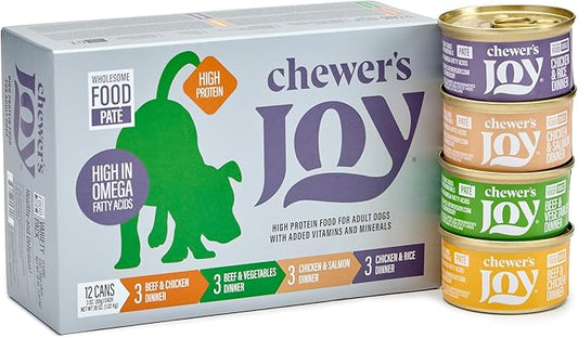 Chewer's Joy Wet Dog Food Variety Pack – 4 Flavors: Beef & Chicken, Chicken & Salmon, Chicken & Rice or Beef & Vegetables – Natural Pâté – High Protein – Complete Nutrition (3oz) – Pack of 12