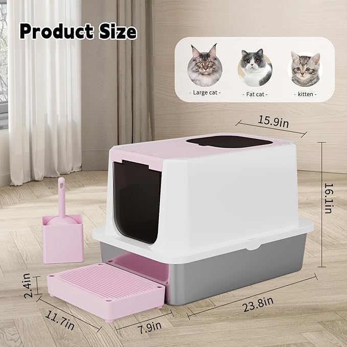 RIZZARI Stainless Steel Cat Litter Box, Enclosed Top-Entry Design, Large Capacity High-Sided Leak Proof Litter Pan for Cats, Easy Clean Pet Toilet (Pink)
