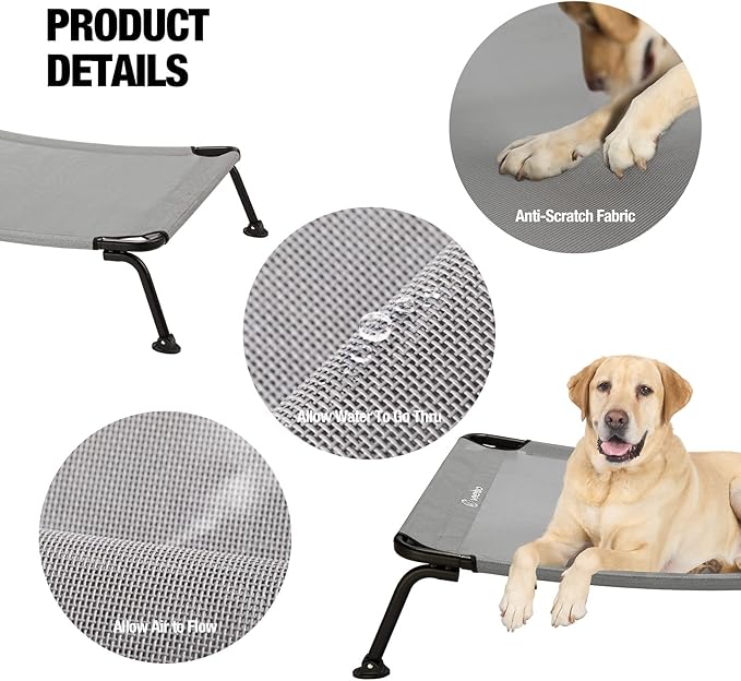 Veehoo Outdoor Elevated Dog Bed, Cooling Raised Dog Cot Bed XL, Portable Waterproof Curved Dogs Hammock Beds for Outside, up to 150lbs, Black Legs, Grey 49"