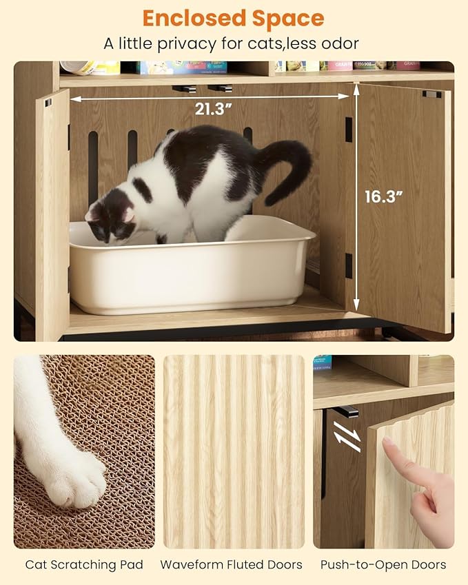 Cat Litter Box Enclosure, Large Hidden Pet Storage Cabinet Furniture with Waveform Fluted Doors & Scratching Pad, Modern Wooden Cat House Indoor for Washroom, Living Room, Bedroom, Natural