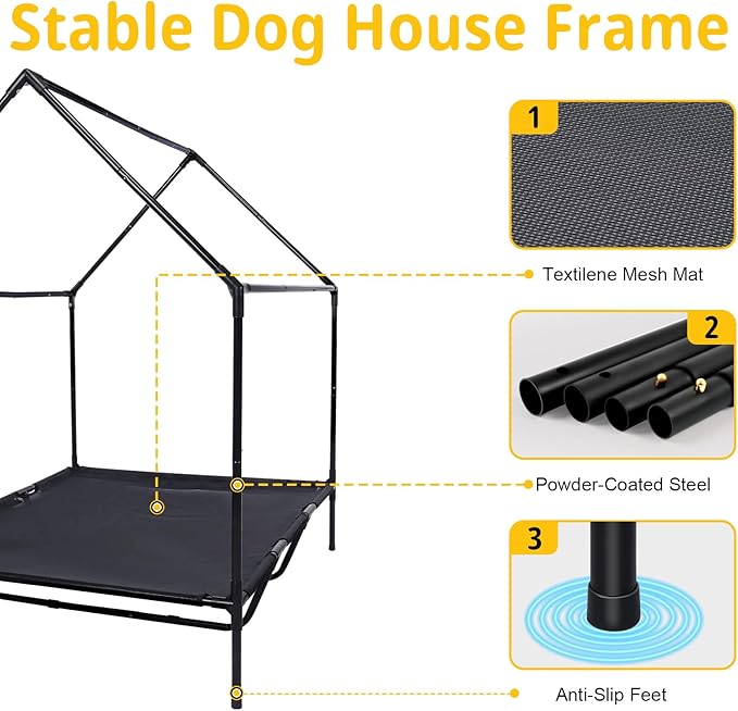 48'' Outdoor Dog Houses for Large Dogs Outside, Weatherproof Large Dogs House with Textilene Elevated Dog Bed, Breathable Dog Tent, Dog House Outdoor X-Large Breed with Windows and Sunshades