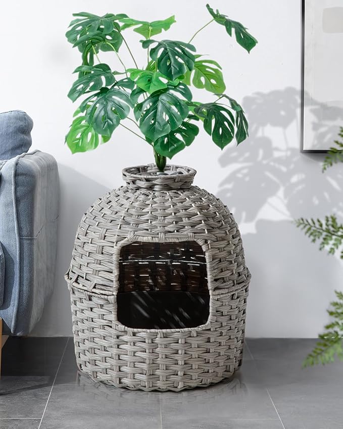 Cat Litter Box Plant Enclosure, Hidden Handwoven Rattan with Cat Litter Box Furniture and Artificial Plants, Odor Control Filter, Real Stones in Living Room, Bedroom, Corner (Gray)