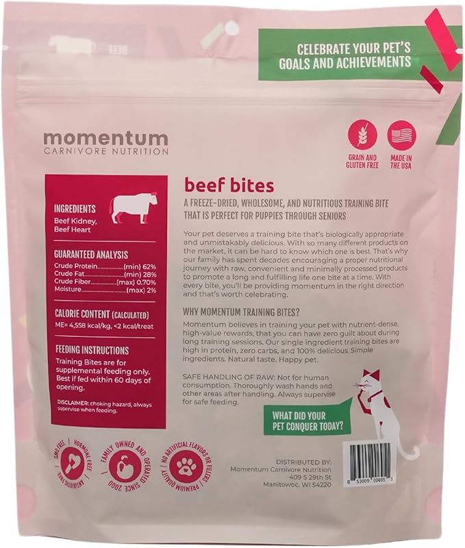 Momentum Carnivore Nutrition Freeze-Dried Beef Training Bites – Two Ingredients-Beef Kidney and Heart, Grain-Free, All-Natural Dog Treats –Made in USA – Perfect for Training & Rewards- 2.5 oz Bag
