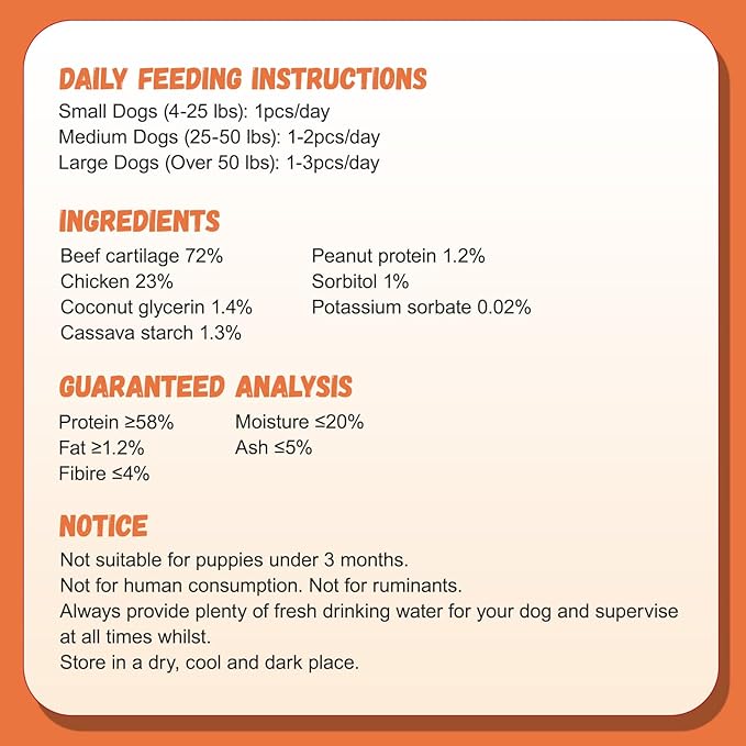 Dog Treats Chicken Wrapped Beef Cartilage w/Calcium Supplement, Long-Lasting Rawhide Free Grain Free Training Treats Snacks for Small Medium Large Dogs, 12 Counts, 10.6 oz