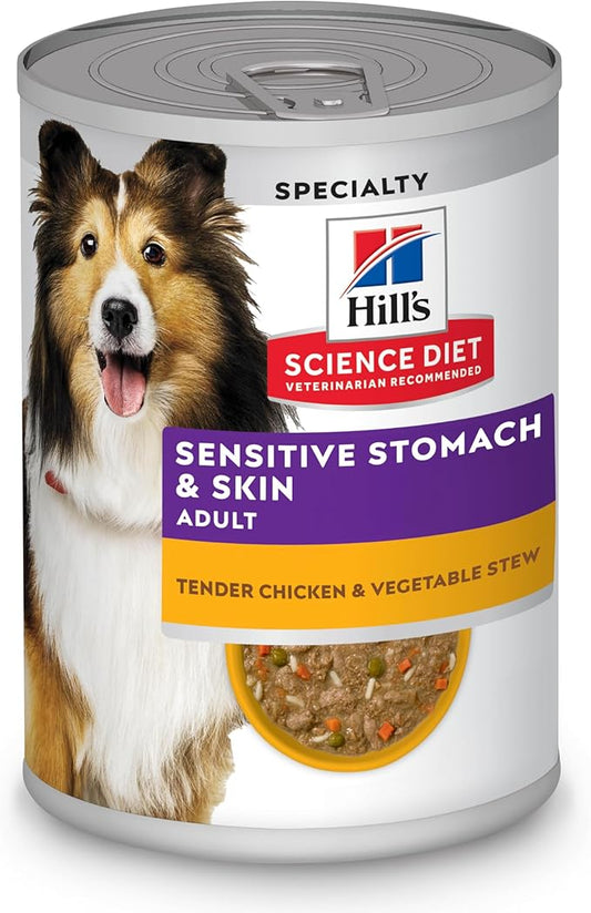 Hill's Science Diet Sensitive Stomach & Skin, Adult 1-6, Stomach & Skin Sensitivity Support, Wet Dog Food, Chicken & Barley Stew, 12.5 oz Can, Case of 12