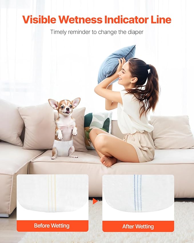 VEVOR Disposable Dog Diapers, Super Absorbent Female Dog Diapers, 360° Leak-Proof Female Doggy Pet Diaper with Wetness Indicator for Heat Period, Training, Incontinence - S, 96 Count (2 Packs of 48)