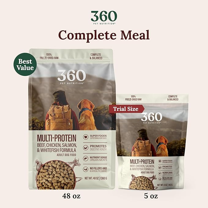 360 Pet Nutrition Freeze-Dried Raw Dog Food, High-Protein Multi-Protein Blend w/Beef, Chicken, Fish, Organs, Superfoods, No Fillers, 5 oz Trial Size Bites/Kibble – Made in USA
