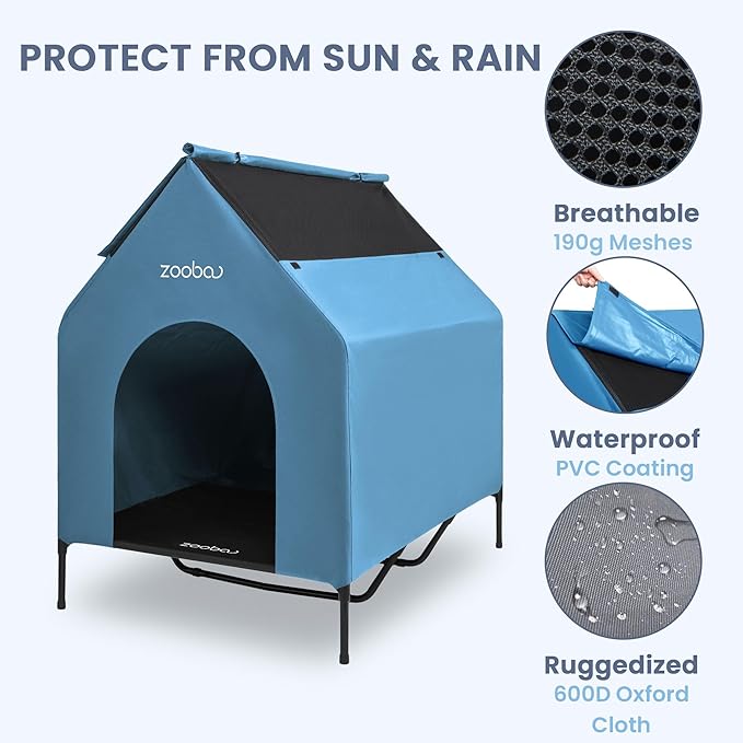 48" XL Outdoor Dog House – Weatherproof Elevated Pet Shelter, Breathable Mesh & Steel Frame, Easy to Assemble & Clean, Large Dog Houses for All Seasons (Blue)