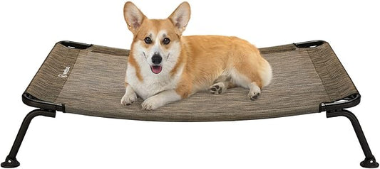 Veehoo Outdoor Elevated Dog Bed, Cooling Raised Dog Cots Beds for Medium Dogs, Portable Waterproof Curved Dogs Hammock Bed for Outside, up to 100lbs, Black Legs, Brown 32"