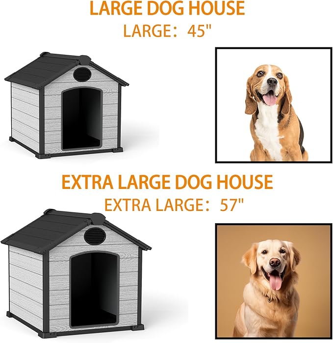 45" Large Dog House Outdoor Indoor with Durable Waterproof Resin Plastic for Medium Large Dogs, Dog House Bed with Air Vents and Elevated Floor, Easy to Assemble (Grey, 45" L x 40" W x 40" H)