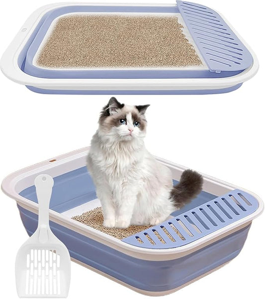 BNOSDM Senior Cat Litter Box Low Entry Kittens Travel Litter Box with Scoop Open Collapsible Shallow Cats Potty Pan Foldable Pet Toilet for Sick Disabled Older Elderly Cats Blue