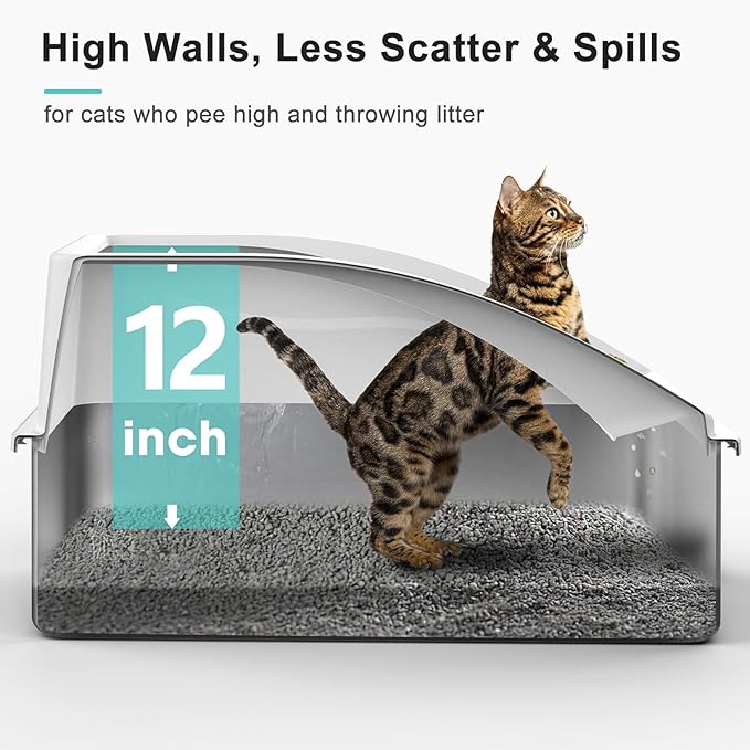 2 Pack Stainless Steel Litter Box | XL Enclosed Cat Litter Boxes with Lid for Big Cats and Multi-Cats | High Sided, Anti-Urine Leakage | Non-Stick Bottom（Silver Gray）