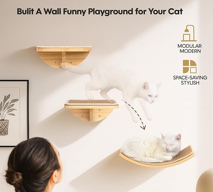 Wood Cat Wall Bed with Sisal Mat – Curved Cats Shelf for Scratching and Sleeping, Wall Mounted Cat Furniture for Large Cats