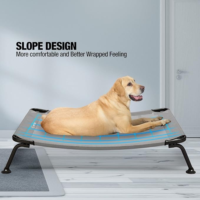 Veehoo Outdoor Elevated Dog Bed, Cooling Raised Dog Cot Bed XL, Portable Waterproof Curved Dogs Hammock Beds for Outside, up to 150lbs, Black Legs, Grey 49"